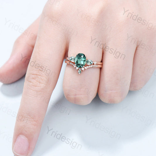 Unique 1.5Ct Oval Green Sapphire Engagement Ring Set Five Stone Pear Moss Agate Wedding Set for Women Vintage Teal Sapphire Bridal Ring Set - PENFINE