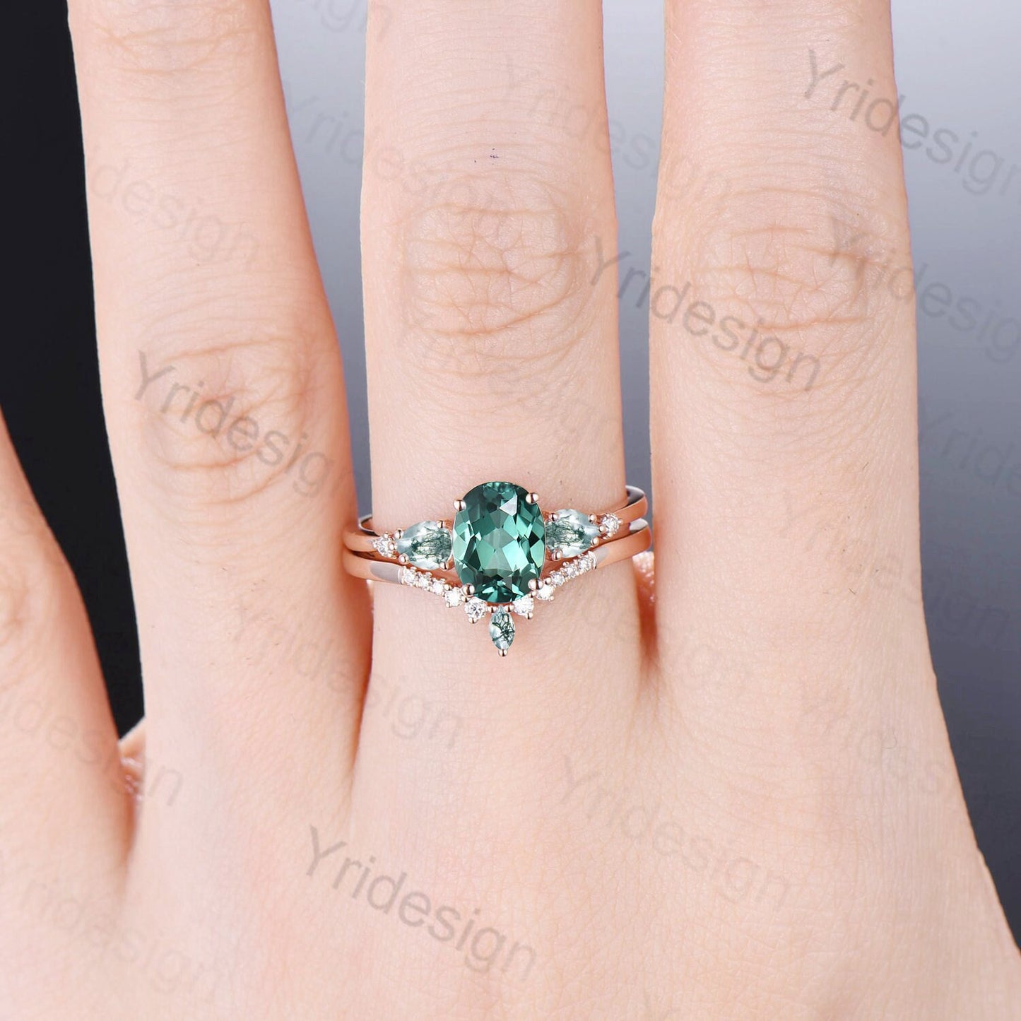 Unique 1.5Ct Oval Green Sapphire Engagement Ring Set Five Stone Pear Moss Agate Wedding Set for Women Vintage Teal Sapphire Bridal Ring Set - PENFINE
