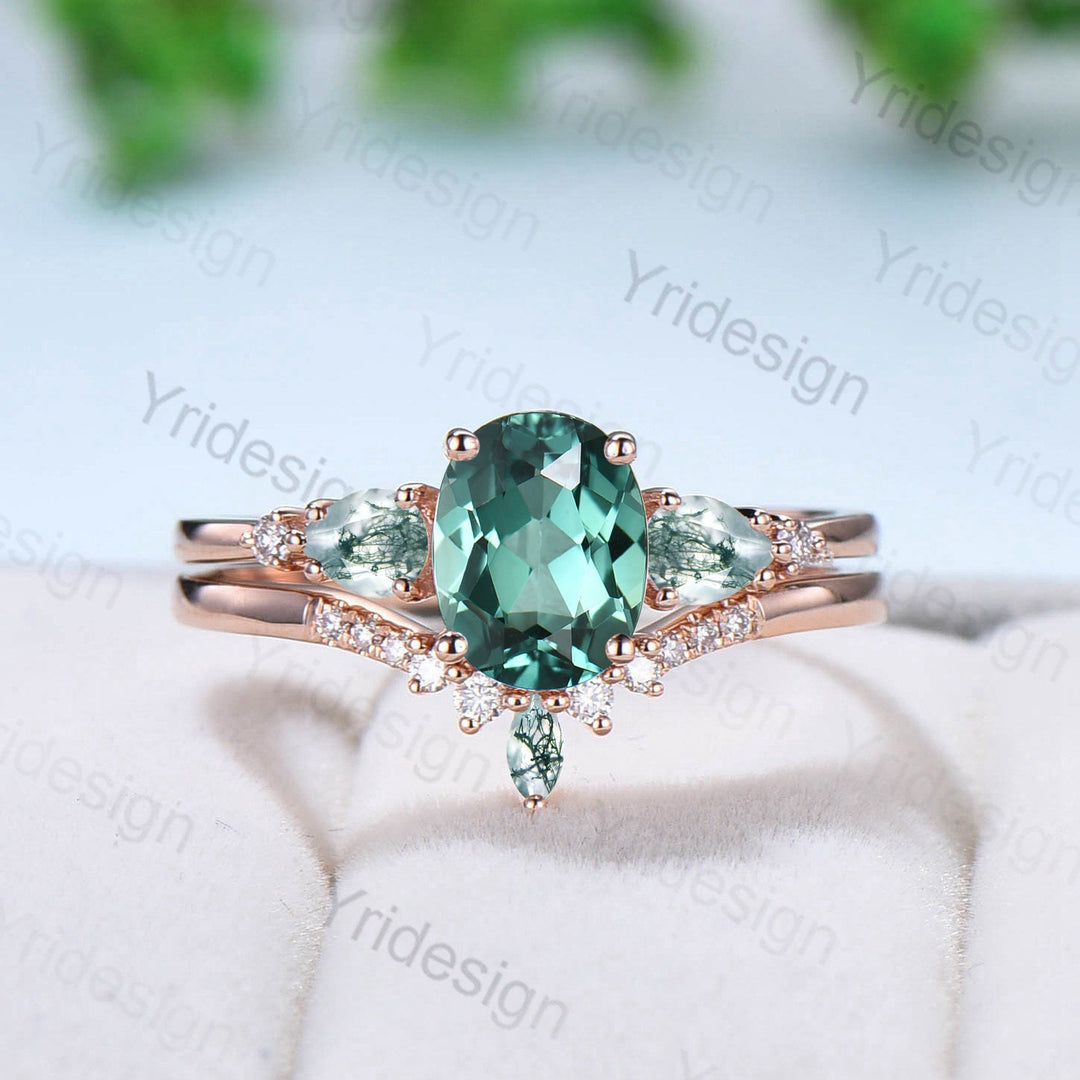 Unique 1.5Ct Oval Green Sapphire Engagement Ring Set Five Stone Pear Moss Agate Wedding Set for Women Vintage Teal Sapphire Bridal Ring Set - PENFINE