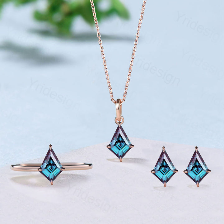 Minimalist alexandrite wedding set solitaire kite alexandrite engagement ring dainty June birthstone pendant necklace Alexandrite earrings - PENFINE