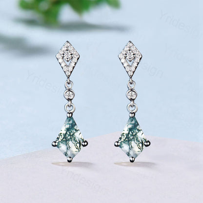 Traditional kite moss agate earrings white gold halo diamond drop stud earrings women vintage dainty green agate anniversary gift for her - PENFINE