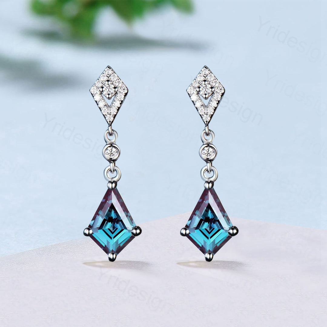 Vintage kite cut alexandrite earrings white gold halo diamond drop stud earrings women art deco dainty color change anniversary gift for her - PENFINE