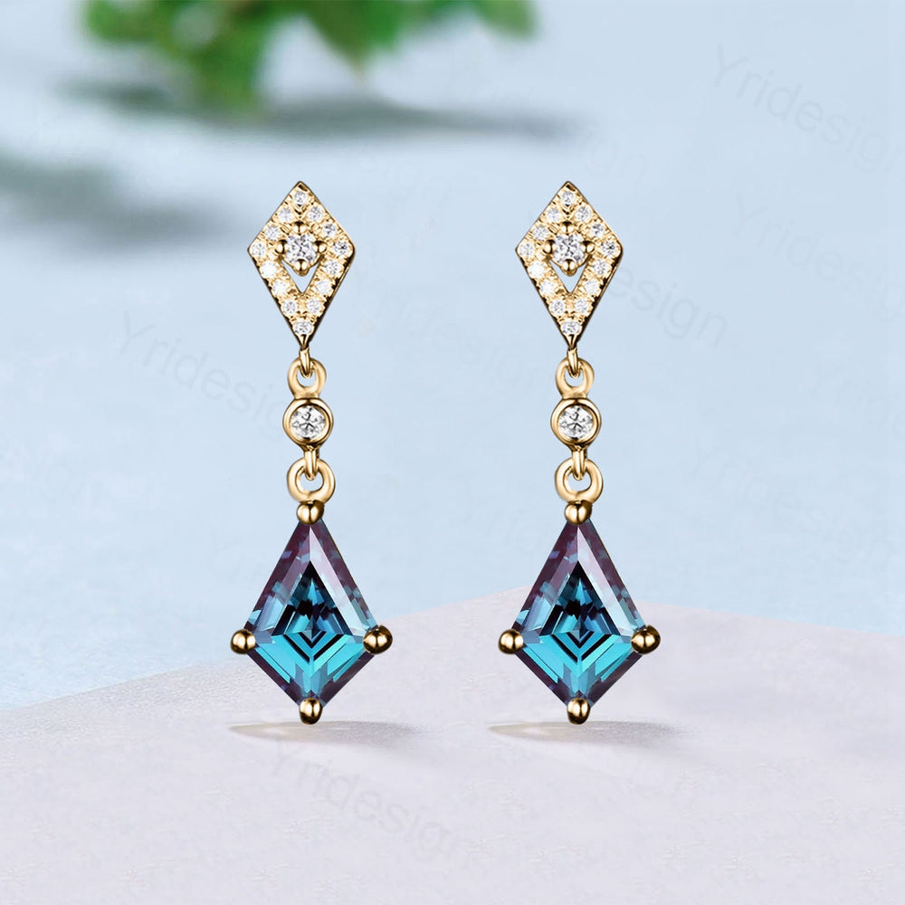 Vintage kite cut alexandrite earrings white gold halo diamond drop stud earrings women art deco dainty color change anniversary gift for her - PENFINE