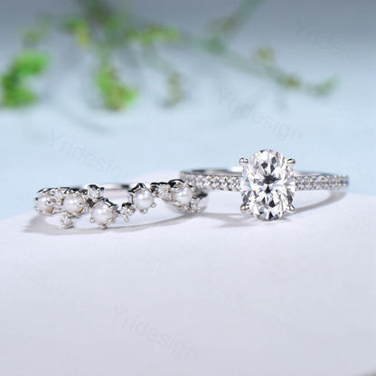 Unique Oval Moissanite Engagement Ring Set 14K White Gold Pave Eternity Diamond Wedding Ring Set Vintage Unique Pearl Stacking Band for her - PENFINE
