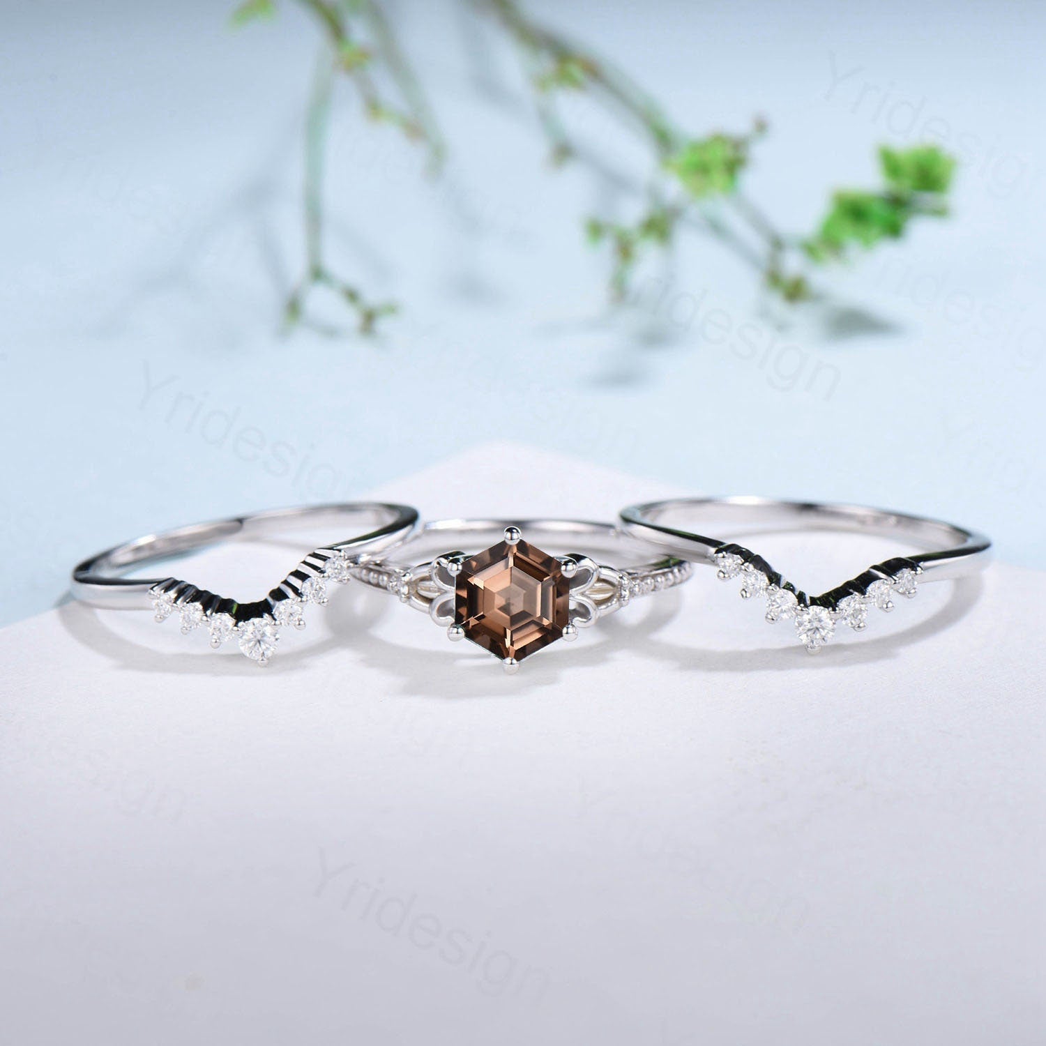 Vintage Smoky Quartz Ring Set 3pcs Unique Hexagon Brown Quartz Engagement Ring White Gold Milgrain Celtic Diamond Bridal Ring Set For Women - PENFINE