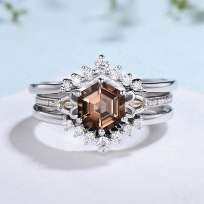 Vintage Smoky Quartz Ring Set 3pcs Unique Hexagon Brown Quartz Engagement Ring White Gold Milgrain Celtic Diamond Bridal Ring Set For Women - PENFINE