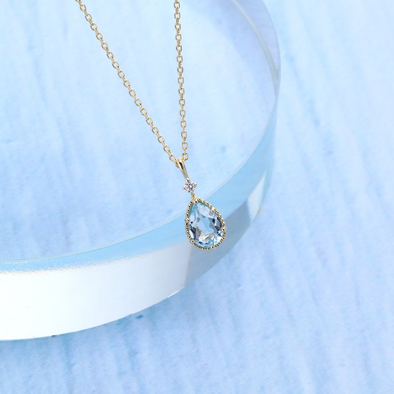 Dainty Swiss blue topaz pendant necklace Vintage teardrop necklace pendant 9k/14k/18k yellow gold minimalist bridal promise anniversary gift - PENFINE