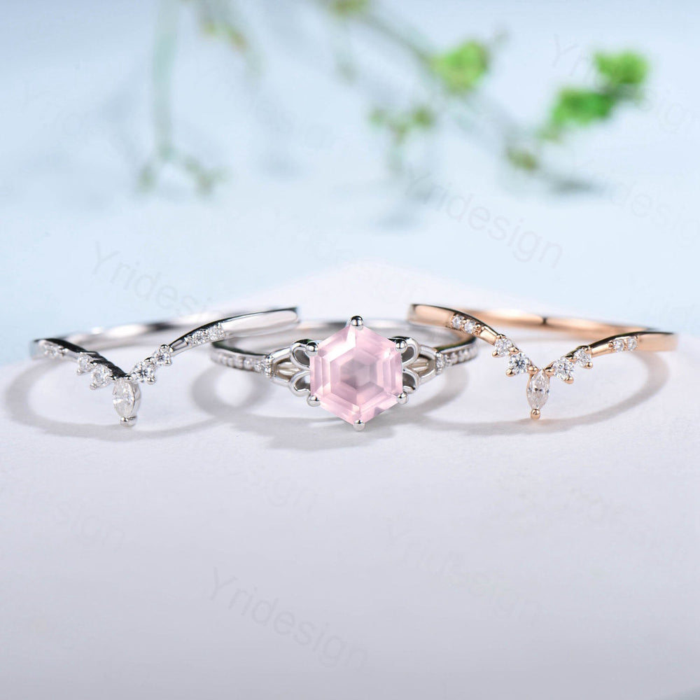 Vintage Rose Quartz Ring Set 3pcs Unique Hexagon Pink Crystal Engagement Ring White Gold Milgrain Celtic Diamond Bridal Ring Set For Women - PENFINE