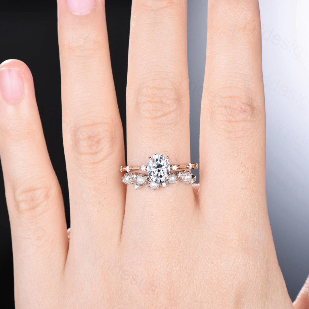 Moissanite Pearl Wedding Band Set Dainty Oval Moissanite