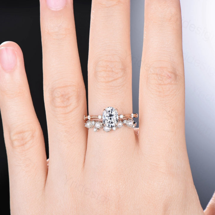 Dainty Oval Moissanite Engagement Ring Set Vinatge Minimalist Moissanite Diamond Wedding Ring Set Vintage Unique Pearl Stacking Band for her - PENFINE