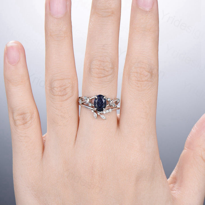 1.5CT Oval Galaxy Blue Sandstone Engagement Ring Set Twig Swiss Topaz Wedding Ring Set FOR Women Unique Branch Bridal Set Personalized Gift - PENFINE