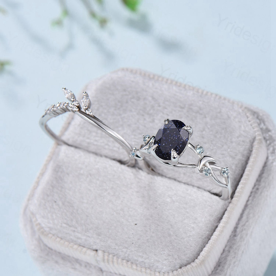 1.5CT Oval Galaxy Blue Sandstone Engagement Ring Set Twig Swiss Topaz Wedding Ring Set FOR Women Unique Branch Bridal Set Personalized Gift - PENFINE