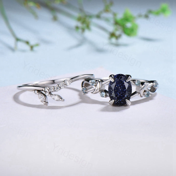 1.5CT Oval Galaxy Blue Sandstone Engagement Ring Set Twig Swiss Topaz Wedding Ring Set FOR Women Unique Branch Bridal Set Personalized Gift - PENFINE