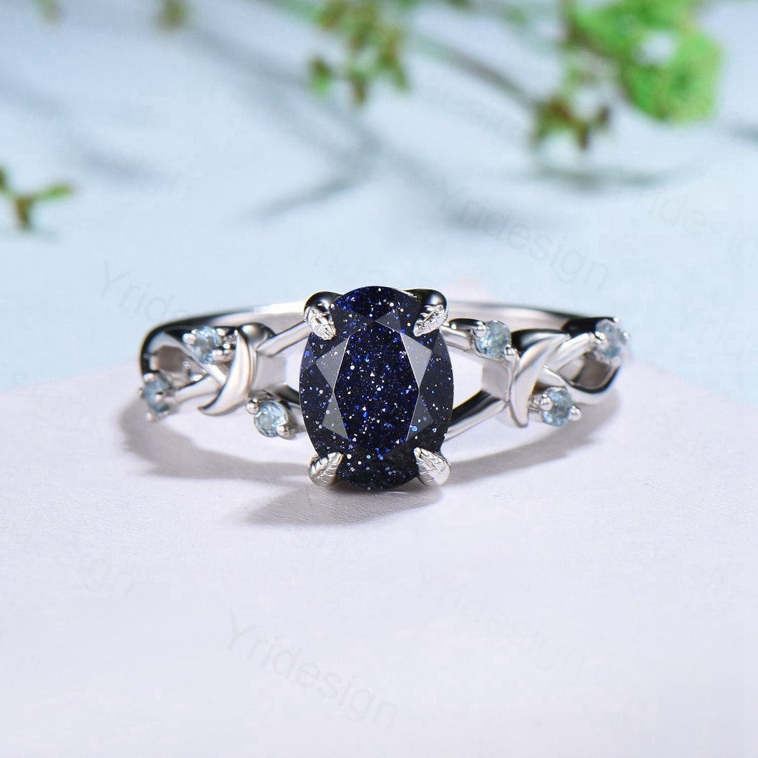 1.5CT Oval Galaxy Blue Sandstone Engagement Ring Set Twig Swiss Topaz Wedding Ring Set FOR Women Unique Branch Bridal Set Personalized Gift - PENFINE