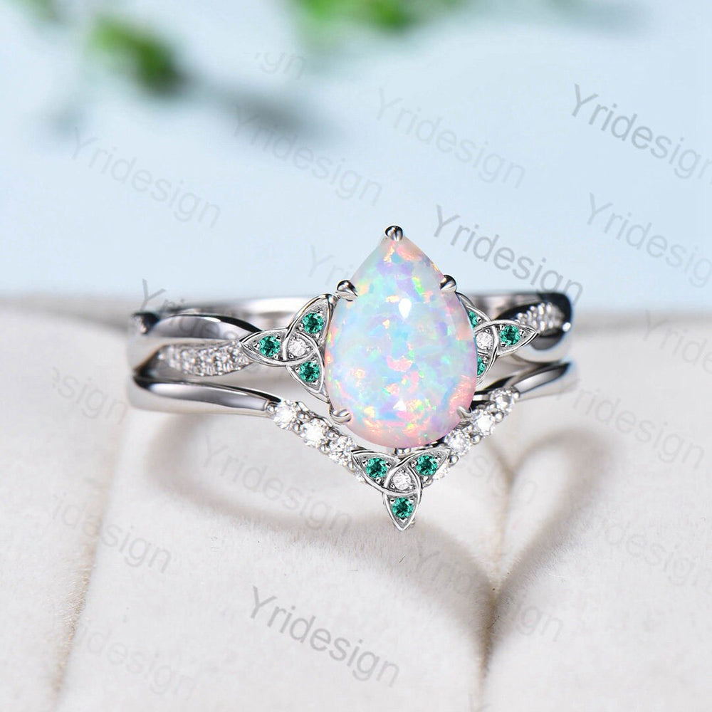 Unique Pear White Opal Wedding Ring Set Celtic Knot 14K/18K Rose Gold Fire Opal Infinity Engagement Ring Delicate Opal Emerald Bridal Sets - PENFINE