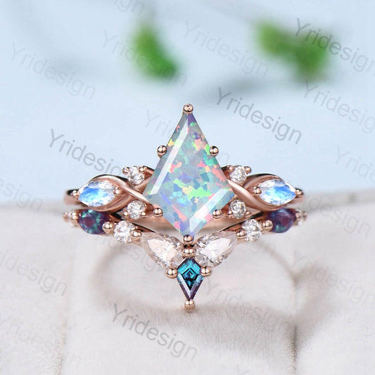 Vintage opal ring set 7x10mm kite white opal engagement ring marquise Moonstone wedding ring set unique alexandrite moissanite bridal set