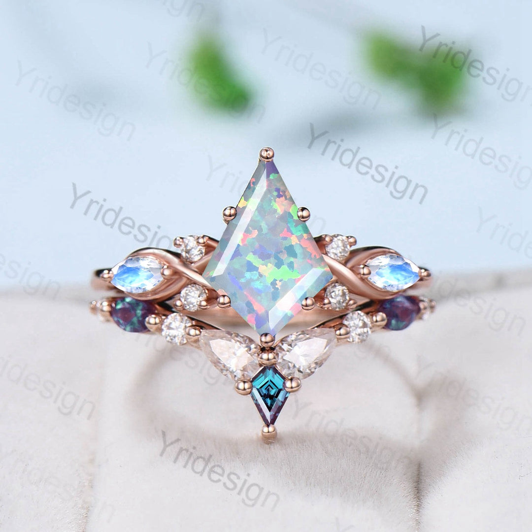 Vintage opal ring set 7x10mm kite white opal engagement ring marquise Moonstone wedding ring set unique alexandrite moissanite bridal set - PENFINE