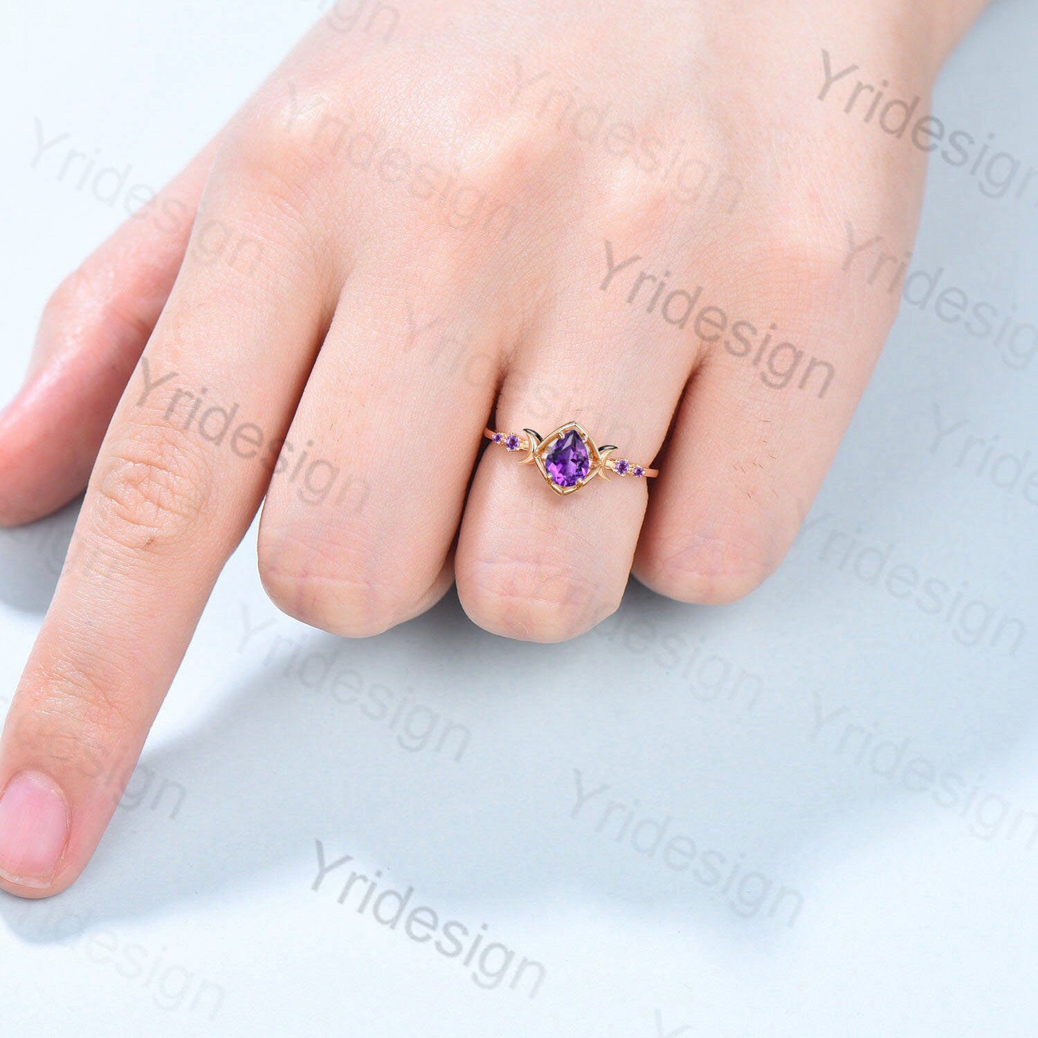 Vintage Pear Shaped Amethyst Engagement Ring Delicate Moon Magic Wedding Ring for Women Skeleton Unique Handmade Proposal Gifts for Women - PENFINE