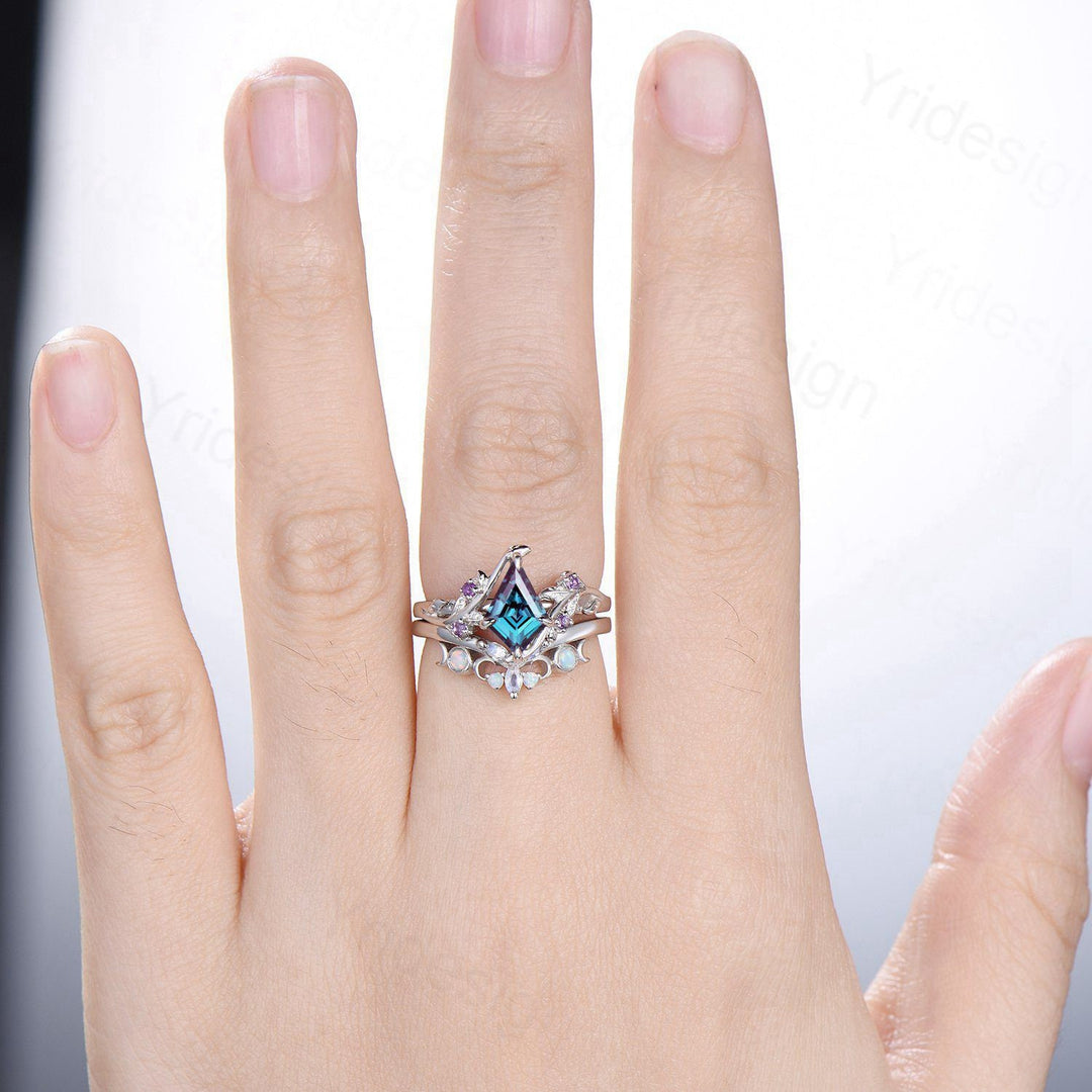 Nature Inspired kite alexandrite engagement ring set twig cluster amethyst wedding ring set Vintage marquise moonstone opal stacking ring - PENFINE