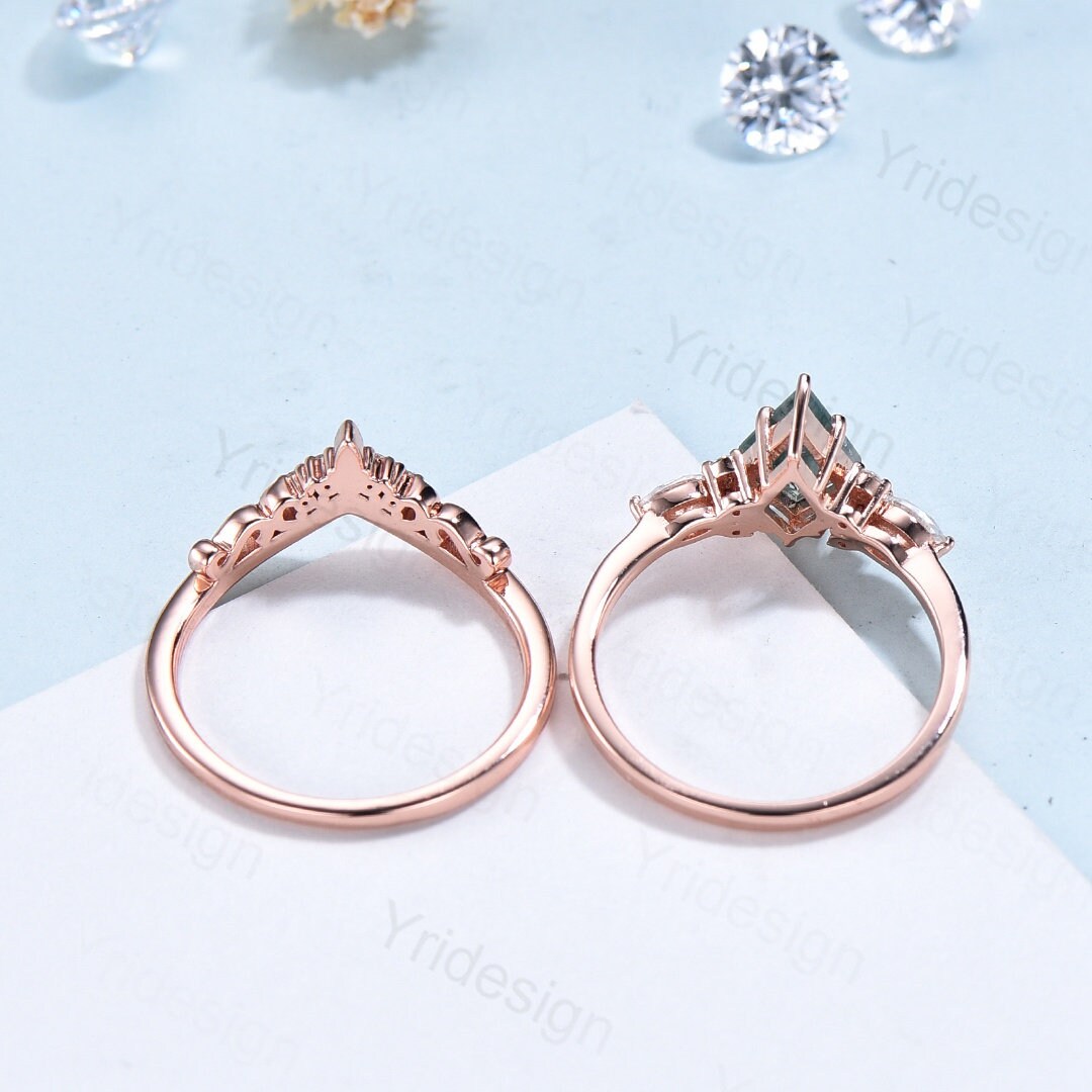 Vintage rose quartz engagement ring set kite cut  rose gold art deco marquise cut moonstone moissanite stacking wedding ring set for women - PENFINE