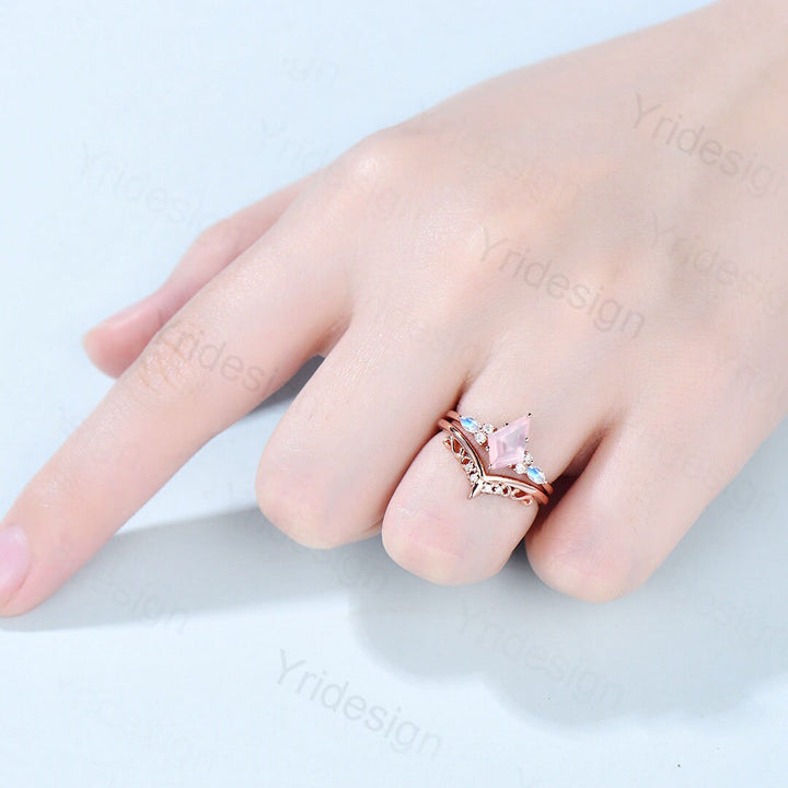 Vintage rose quartz engagement ring set kite cut  rose gold art deco marquise cut moonstone moissanite stacking wedding ring set for women - PENFINE