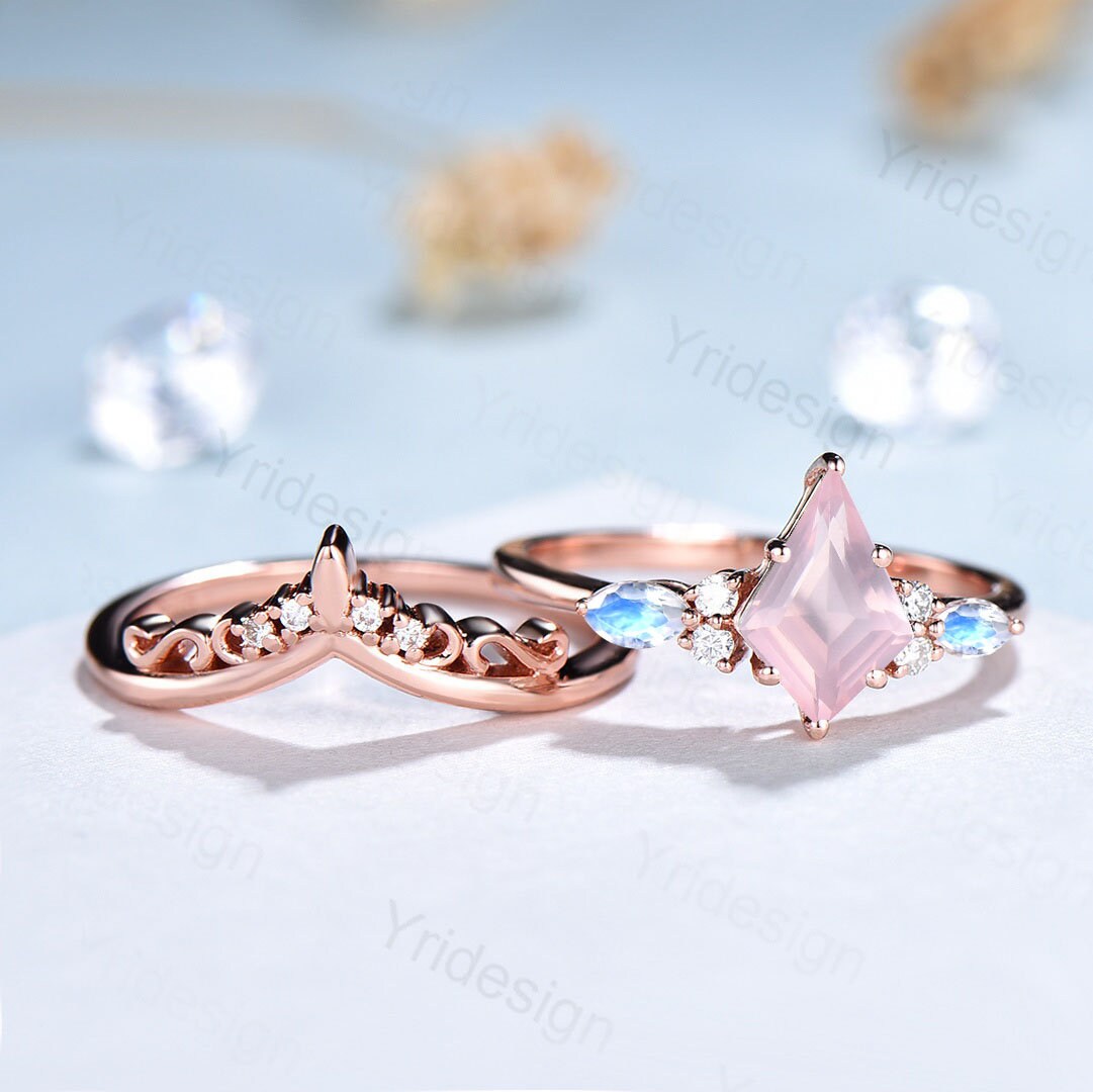 Vintage rose quartz engagement ring set kite cut  rose gold art deco marquise cut moonstone moissanite stacking wedding ring set for women - PENFINE