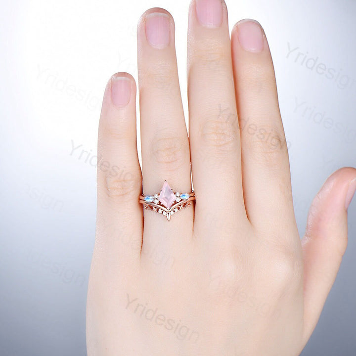 Vintage rose quartz engagement ring set kite cut  rose gold art deco marquise cut moonstone moissanite stacking wedding ring set for women - PENFINE