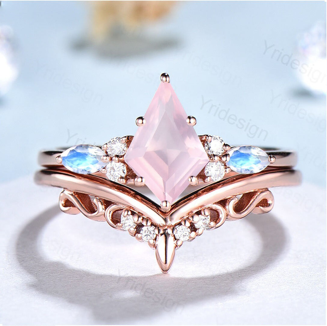 Vintage rose quartz engagement ring set kite cut  rose gold art deco marquise cut moonstone moissanite stacking wedding ring set for women - PENFINE