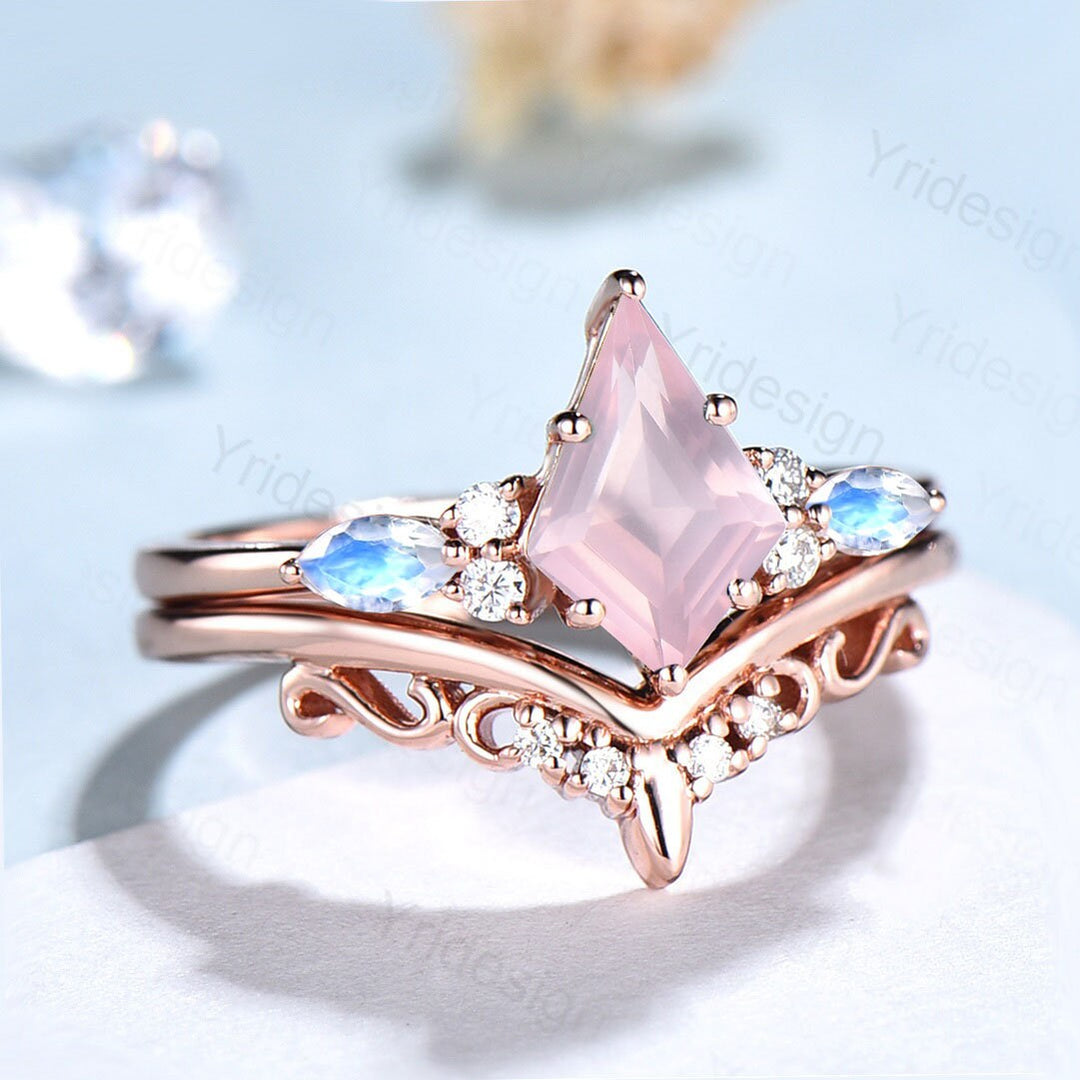 Vintage rose quartz engagement ring set kite cut  rose gold art deco marquise cut moonstone moissanite stacking wedding ring set for women - PENFINE