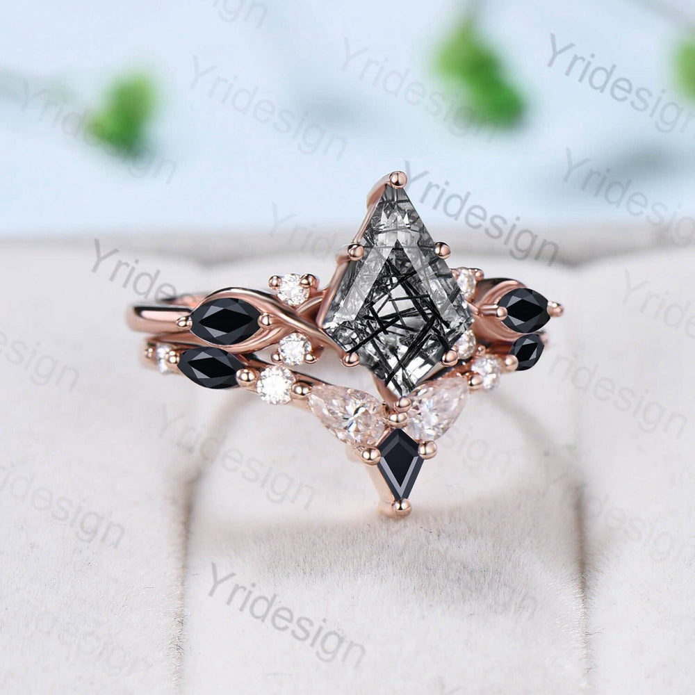 Vintage black rutilated engagement ring kite cut t black rutile crystal wedding ring set for women anniversary gift bridal promise ring - PENFINE