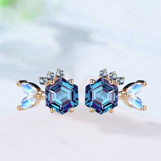 Unique alexandrite moonstone earrings Hexagon Stud Earrings ruby sapphire quartz Earrings Women vintage moissanite earrings gift for wife