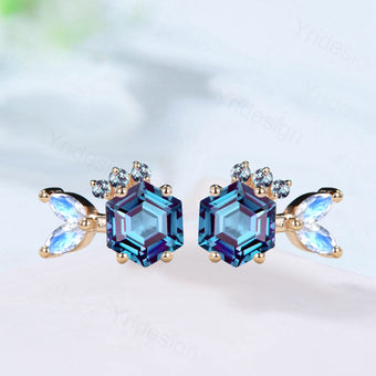 Unique alexandrite moonstone earrings Hexagon Stud Earrings ruby sapphire quartz Earrings Women vintage moissanite earrings gift for wife - PENFINE