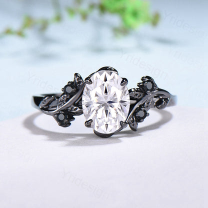 Nature Inspired moissanite engagement ring Unique Black gold oval cut moissanite engagement ring cluster sapphire wedding ring for women - PENFINE