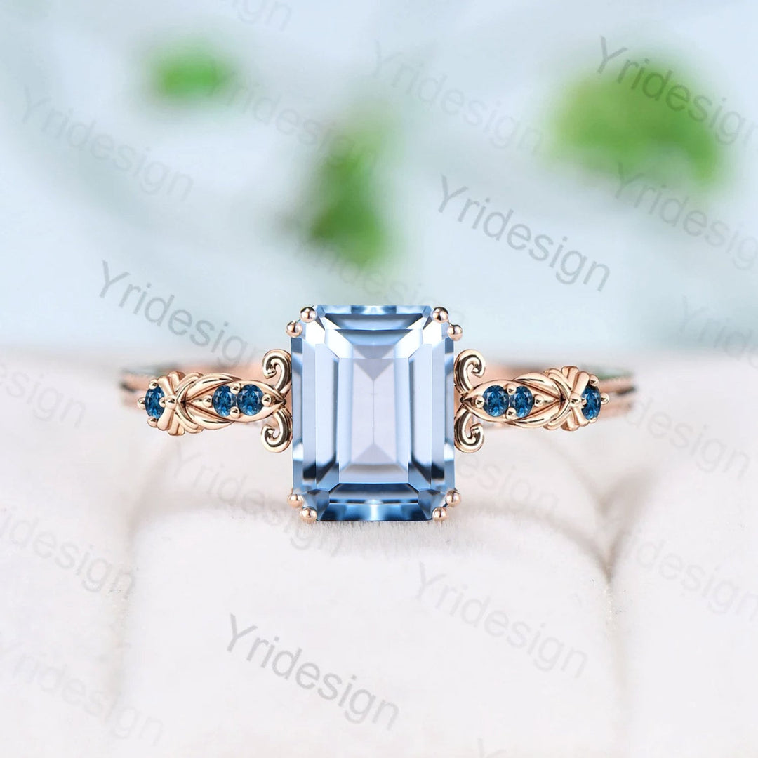 Retro Emerald Cut Aquamarine Ring Vintage Aquamarine Engagement Ring unique 8 prong blue topaz wedding Band Ring Anniversary Gift For Women - PENFINE