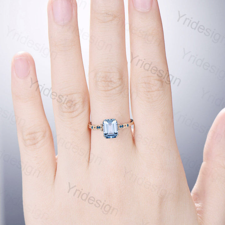 Retro Emerald Cut Aquamarine Ring Vintage Aquamarine Engagement Ring unique 8 prong blue topaz wedding Band Ring Anniversary Gift For Women - PENFINE