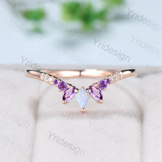 Vintage Fire Opal Amethyst Eternity Wedding Band Women Unique Kite Cut Opal Stackable Ring Marquise Amethyst Matching Band Anniversary Gift
