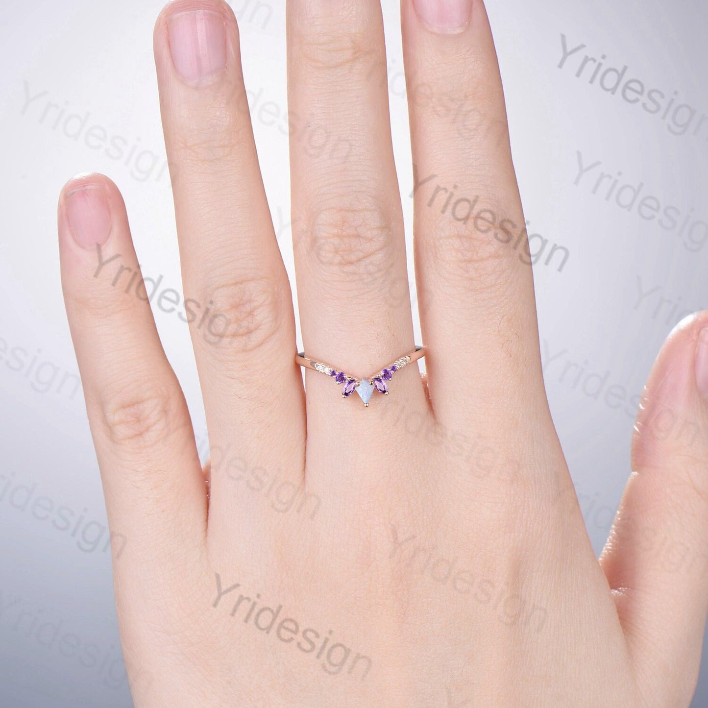 Vintage Fire Opal Amethyst Eternity Wedding Band Women Unique Kite Cut Opal Stackable Ring Marquise Amethyst Matching Band Anniversary Gift - PENFINE
