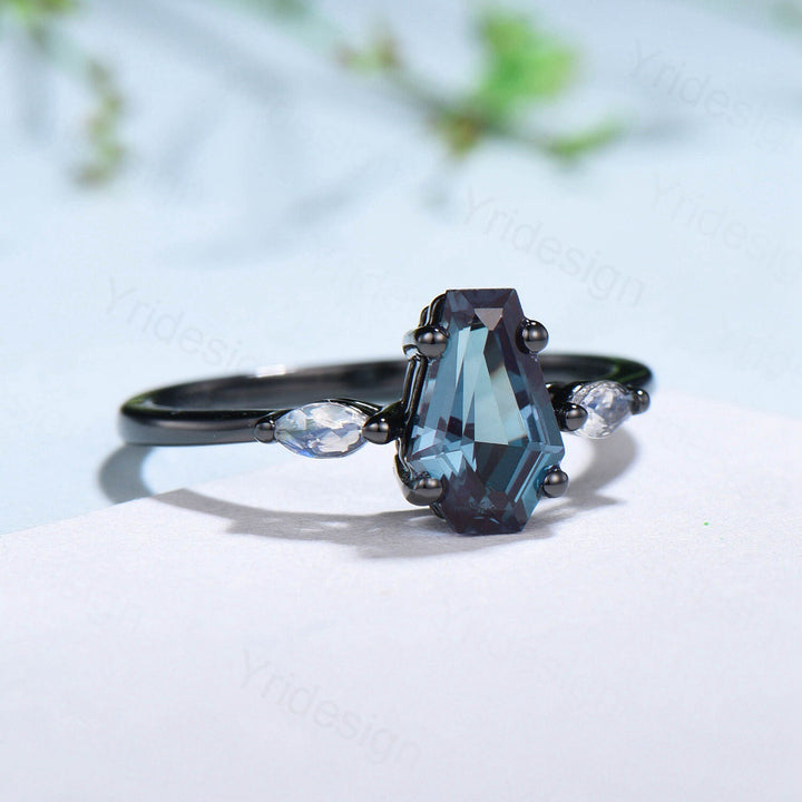 Unique Black Gold Coffin Shape Alexandrite Ring Marquise Moonstone Shield Shape Alexandrite Engagement Ring June Birthstone Anniversary Gift - PENFINE