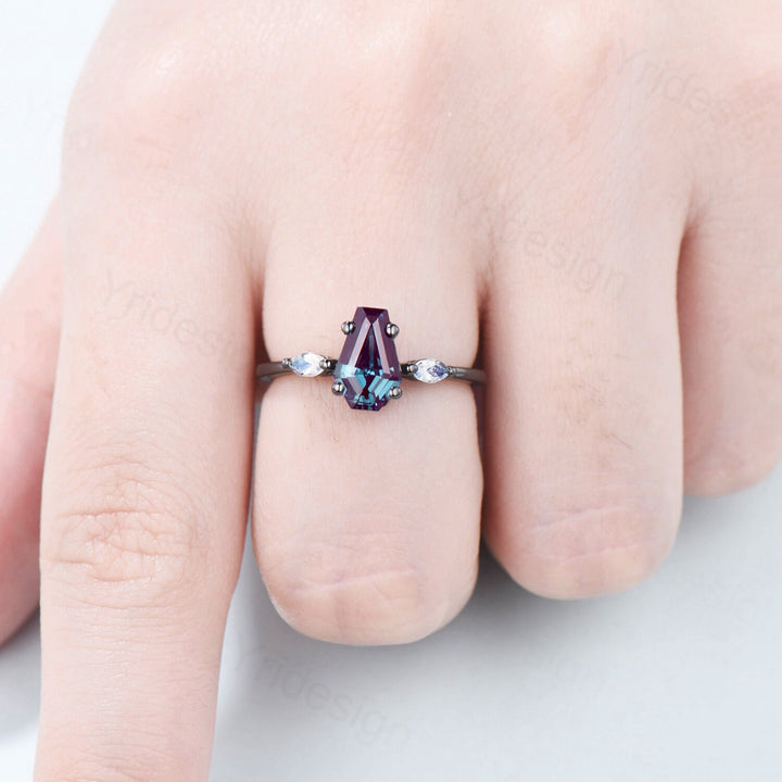 Unique Black Gold Coffin Shape Alexandrite Ring Marquise Moonstone Shield Shape Alexandrite Engagement Ring June Birthstone Anniversary Gift - PENFINE