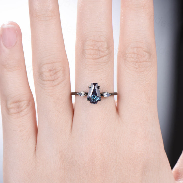 Unique Black Gold Coffin Shape Alexandrite Ring Marquise Moonstone Shield Shape Alexandrite Engagement Ring June Birthstone Anniversary Gift - PENFINE