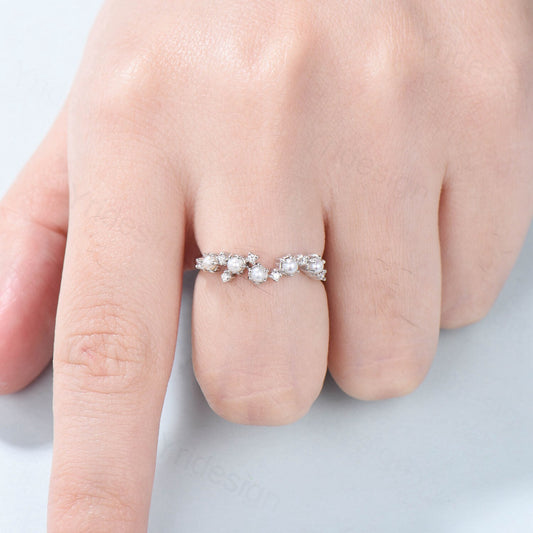 Unique Pearl Wedding Band Rose Gold Diamond Pearl Wedding Ring Vintage Curved Wedding Band Cluster Peral Moissanite Ring Anniversary Gifts - PENFINE