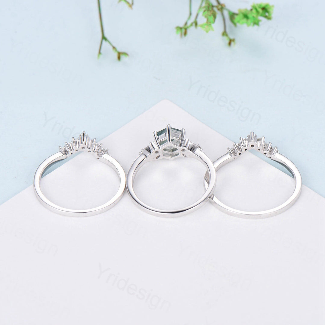 Vintage Moss Agate Ring Set 3pcs Unique Hexagon Agate Engagement Ring White Gold Milgrain Celtic Agate Diamond Bridal Ring Set For Women - PENFINE