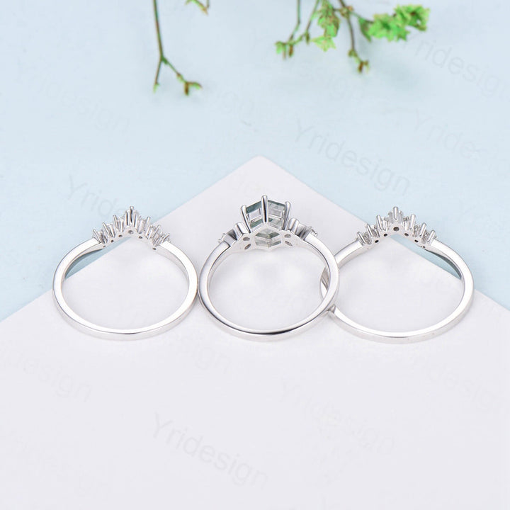 Vintage Moss Agate Ring Set 3pcs Unique Hexagon Agate Engagement Ring White Gold Milgrain Celtic Agate Diamond Bridal Ring Set For Women - PENFINE