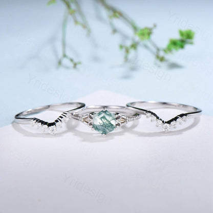 Vintage Moss Agate Ring Set 3pcs Unique Hexagon Agate Engagement Ring White Gold Milgrain Celtic Agate Diamond Bridal Ring Set For Women - PENFINE