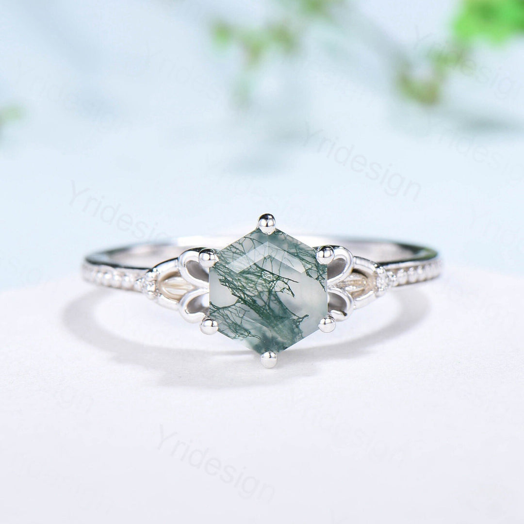 Vintage Moss Agate Ring Set 3pcs Unique Hexagon Agate Engagement Ring White Gold Milgrain Celtic Agate Diamond Bridal Ring Set For Women - PENFINE