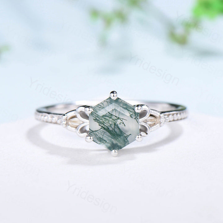 Vintage Moss Agate Ring Set 3pcs Unique Hexagon Agate Engagement Ring White Gold Milgrain Celtic Agate Diamond Bridal Ring Set For Women - PENFINE
