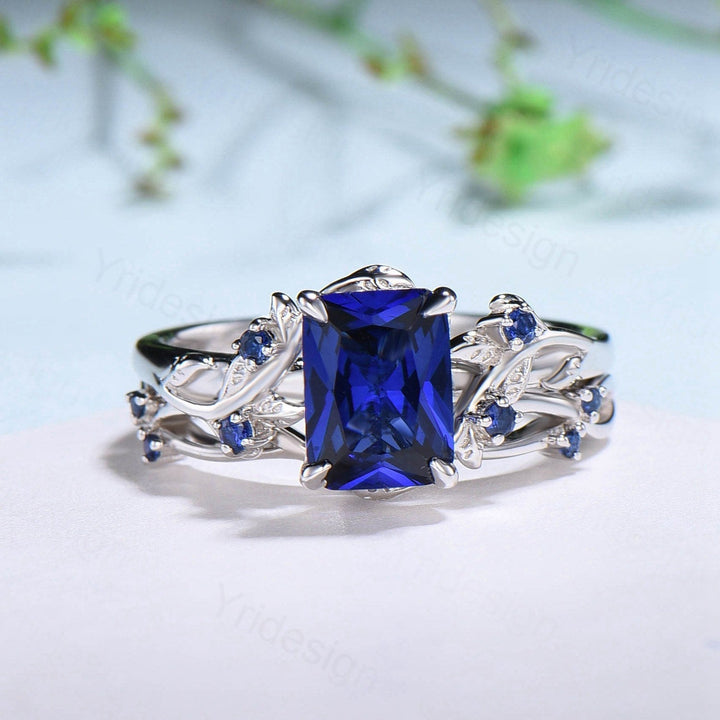 Vintage Emerald cut blue sapphire engagement ring set Nature inspired sapphire wedding ring set white gold leaf vine bridal set for women - PENFINE