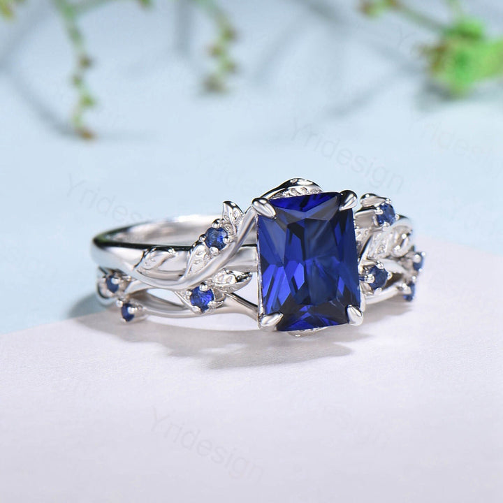 Vintage Emerald cut blue sapphire engagement ring set Nature inspired sapphire wedding ring set white gold leaf vine bridal set for women - PENFINE