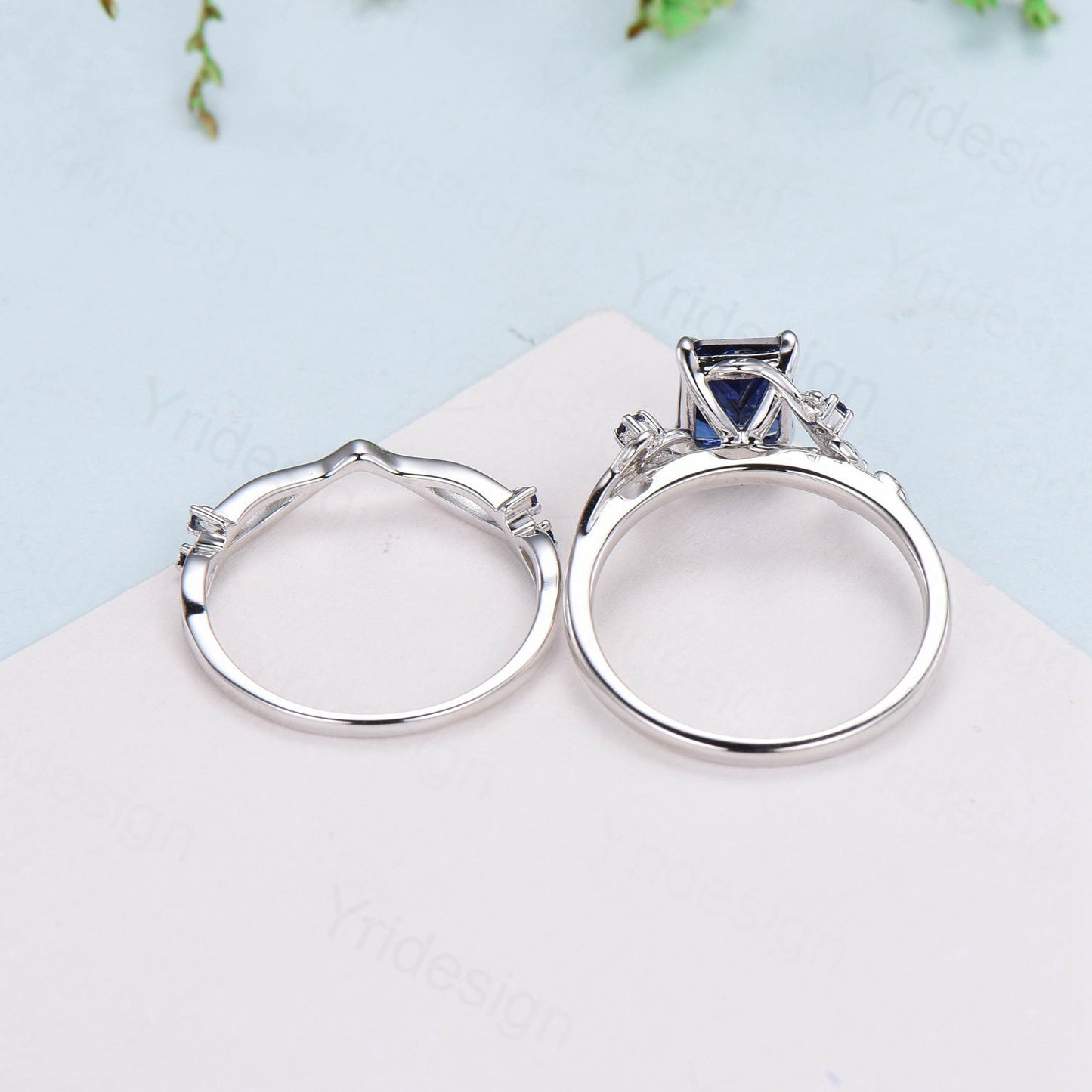 Vintage Emerald cut blue sapphire engagement ring set Nature inspired sapphire wedding ring set white gold leaf vine bridal set for women - PENFINE