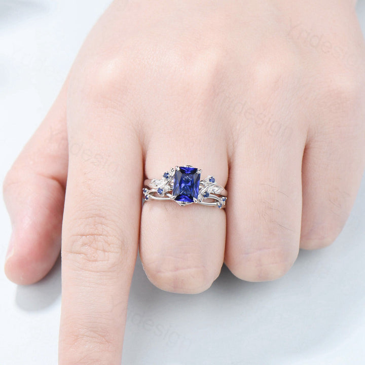 Vintage Emerald cut blue sapphire engagement ring set Nature inspired sapphire wedding ring set white gold leaf vine bridal set for women - PENFINE